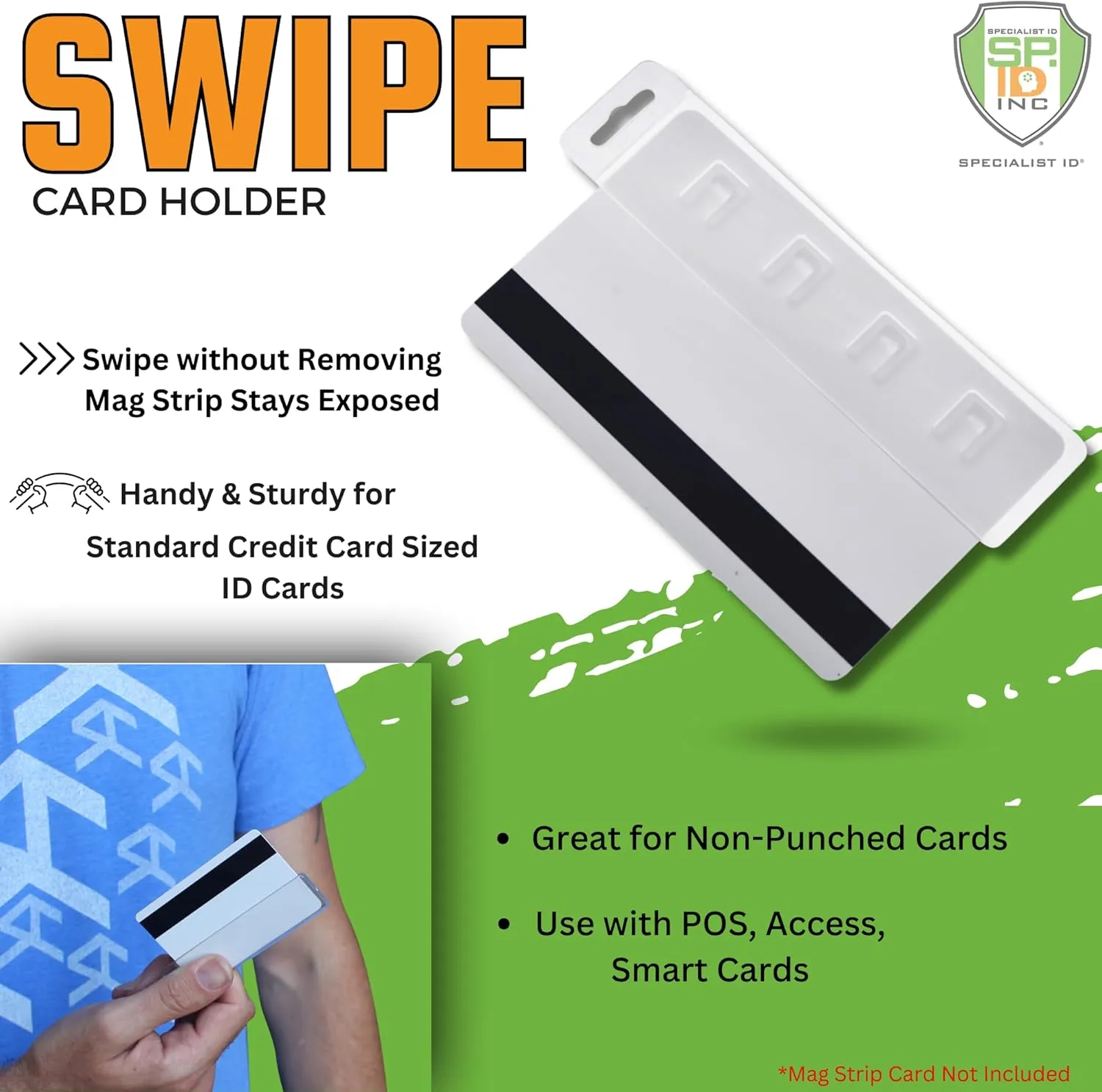 10 Pack - Rigid Vertical Half Card Swipe Badge Holder - Hard Plastic Clear Leaves Mag Stripe Exposed for Easy Swiping Access to Magnetic Strips on POS ID's & Credit Cards by Specialist ID