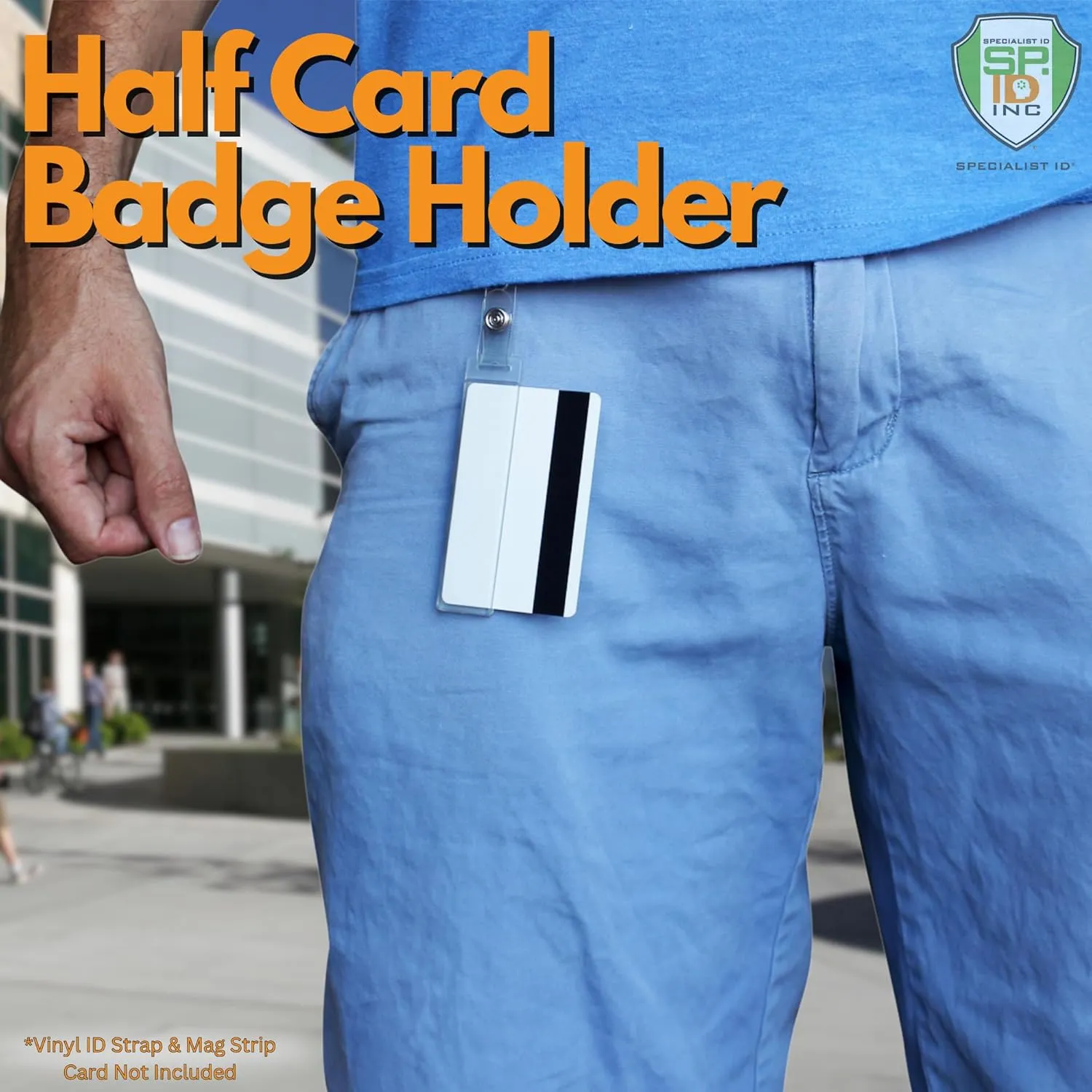 10 Pack - Rigid Vertical Half Card Swipe Badge Holder - Hard Plastic Clear Leaves Mag Stripe Exposed for Easy Swiping Access to Magnetic Strips on POS ID's & Credit Cards by Specialist ID