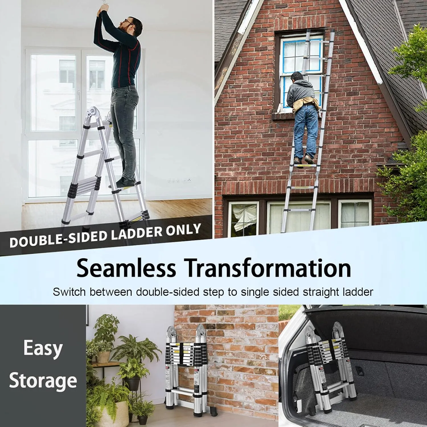 16.5FT/5M Aluminum Telescoping Extension Ladder 2-in-1 Folding A-Frame or Straight Ladder with Hinges Stabilizer Bar Safety Lock Easy to Store for Home Apartment Office Shed Warehouse 330lb Max Load