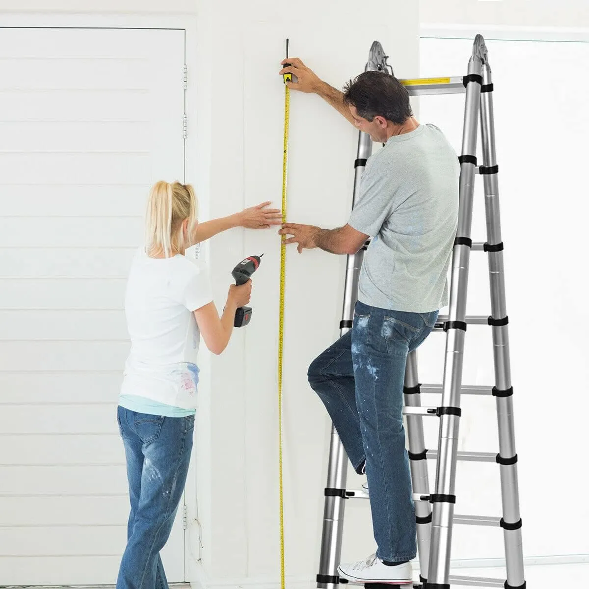 16.5FT/5M Aluminum Telescoping Extension Ladder 2-in-1 Folding A-Frame or Straight Ladder with Hinges Stabilizer Bar Safety Lock Easy to Store for Home Apartment Office Shed Warehouse 330lb Max Load