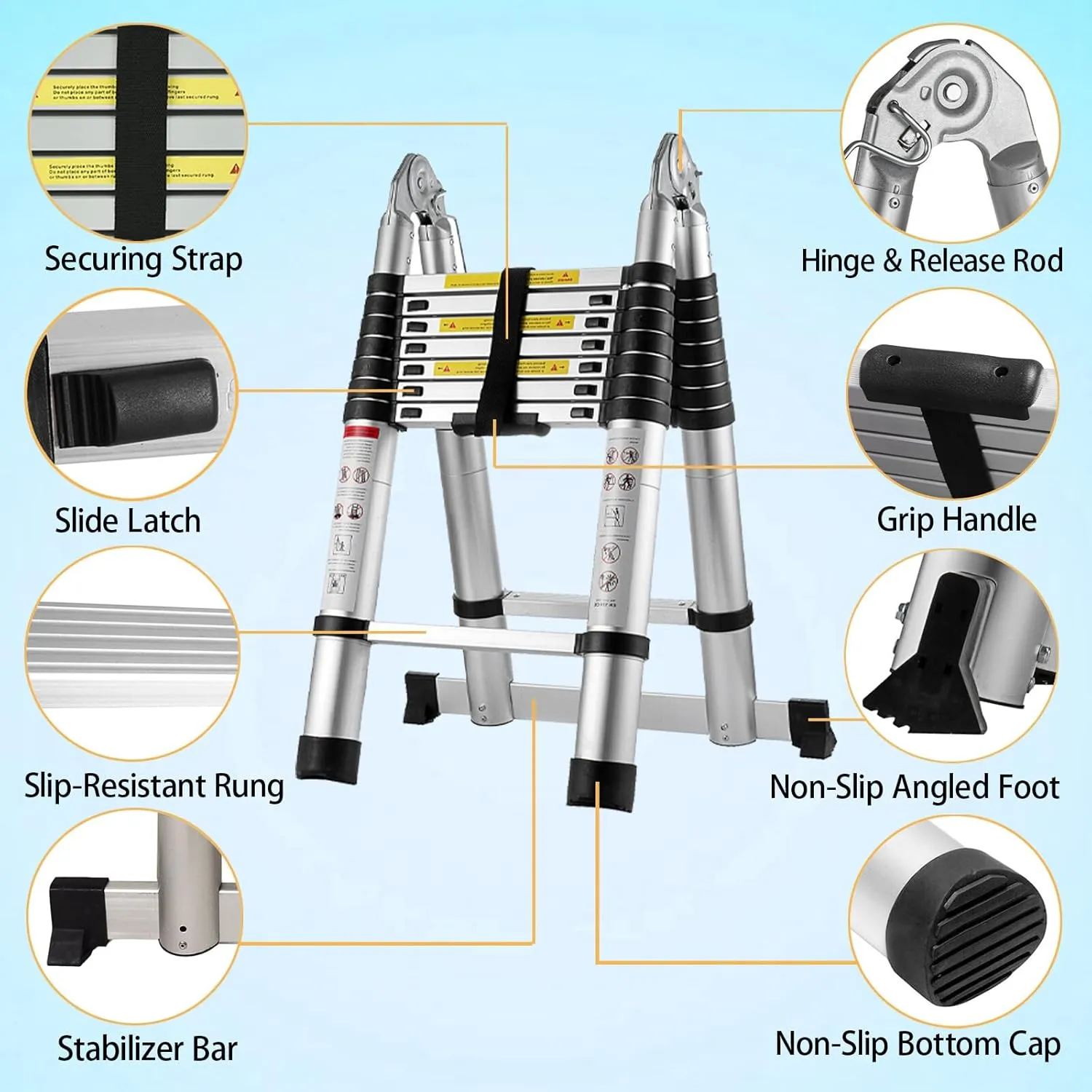 16.5FT/5M Aluminum Telescoping Extension Ladder 2-in-1 Folding A-Frame or Straight Ladder with Hinges Stabilizer Bar Safety Lock Easy to Store for Home Apartment Office Shed Warehouse 330lb Max Load
