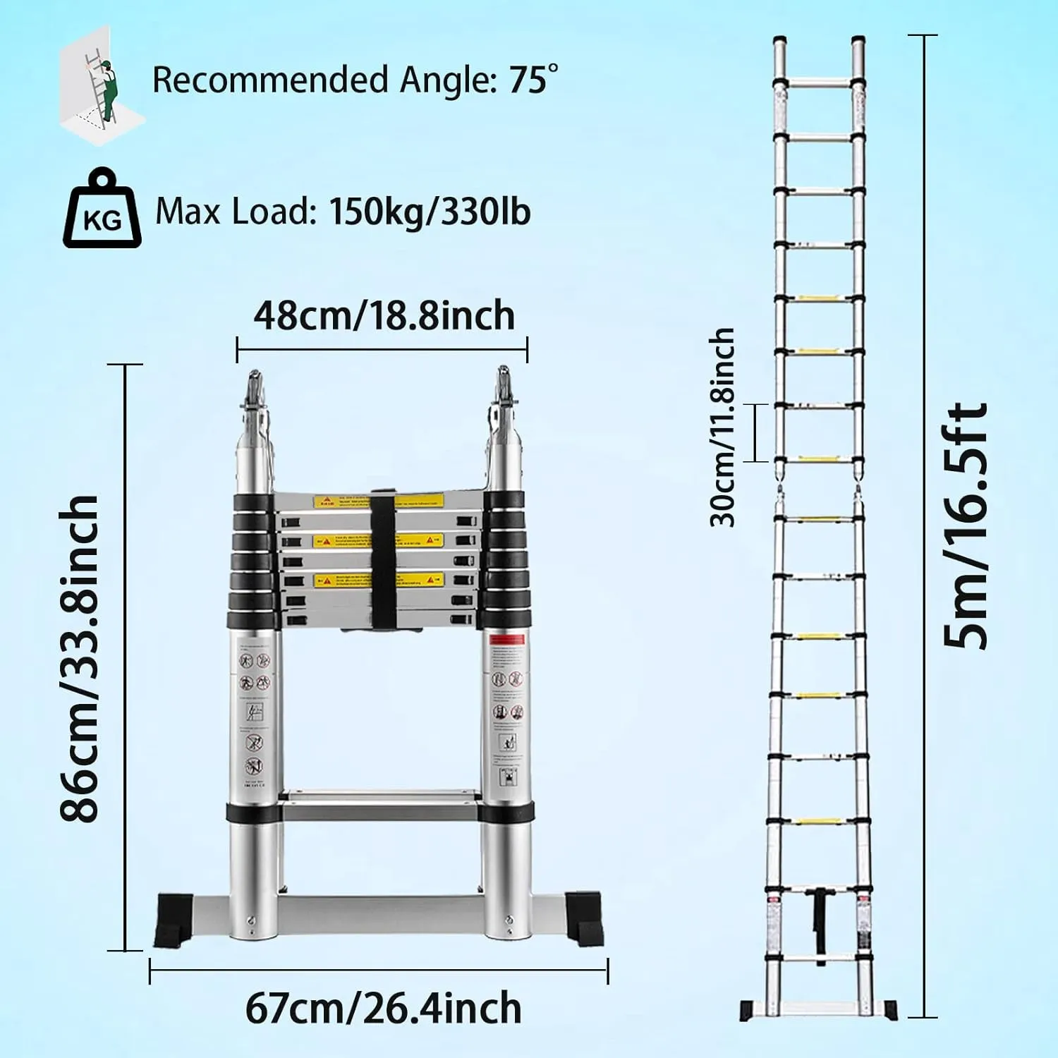 16.5FT/5M Aluminum Telescoping Extension Ladder 2-in-1 Folding A-Frame or Straight Ladder with Hinges Stabilizer Bar Safety Lock Easy to Store for Home Apartment Office Shed Warehouse 330lb Max Load