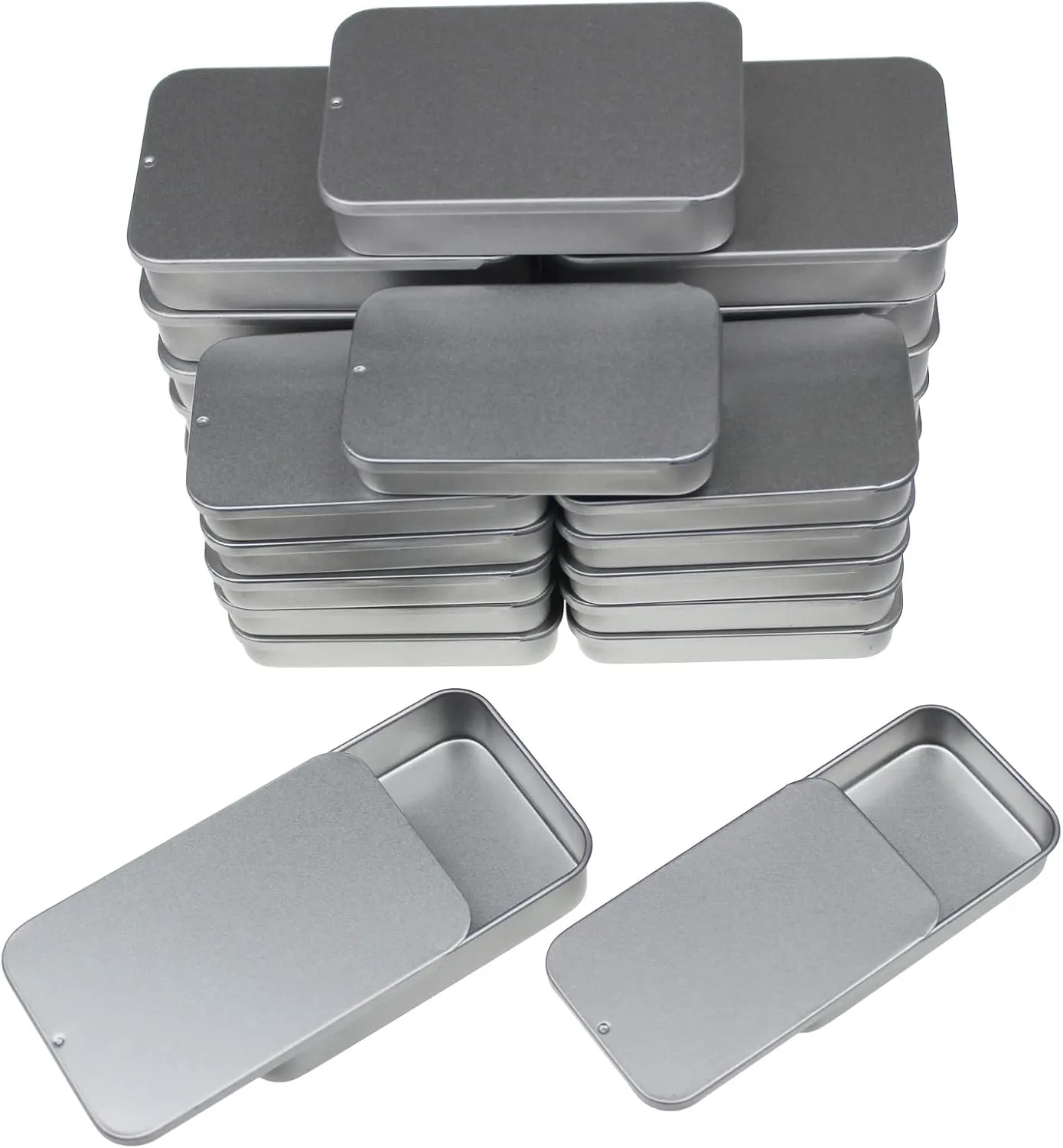 24-Pack Slide Top Rectangular Metal Tin Containers for Candies Jewelry Crafts Pills Lip Balm Storage Survival Kit, Mixed Sizes (Silver)
