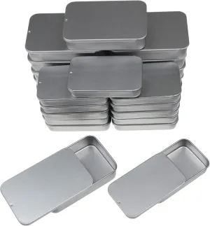 24-Pack Slide Top Rectangular Metal Tin Containers for Candies Jewelry Crafts Pills Lip Balm Storage Survival Kit, Mixed Sizes (Silver)