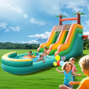 26.3FT Commercial Grade Inflatable Water Silde for Kids Adults, Heavy Duty PVC Water Bouncer House with Slide, Big Airtight Water Pool, Waterslide with 1100W Blower Outdoor (Green, 26.3FT)