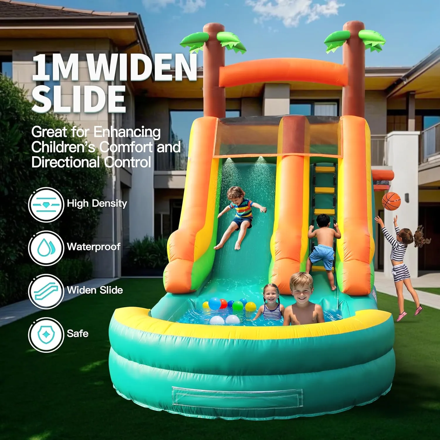 26.3FT Commercial Grade Inflatable Water Silde for Kids Adults, Heavy Duty PVC Water Bouncer House with Slide, Big Airtight Water Pool, Waterslide with 1100W Blower Outdoor (Green, 26.3FT)
