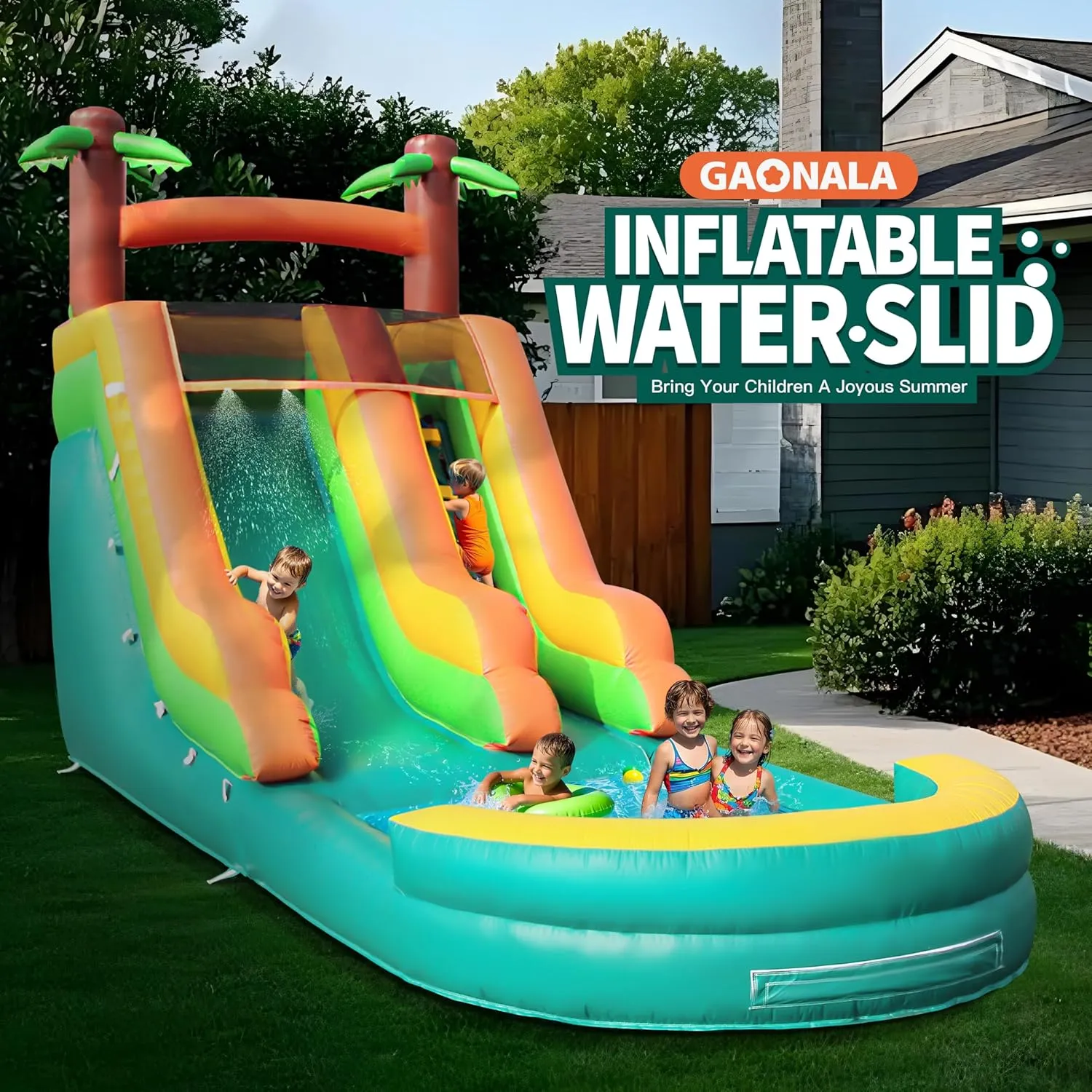 26.3FT Commercial Grade Inflatable Water Silde for Kids Adults, Heavy Duty PVC Water Bouncer House with Slide, Big Airtight Water Pool, Waterslide with 1100W Blower Outdoor (Green, 26.3FT)