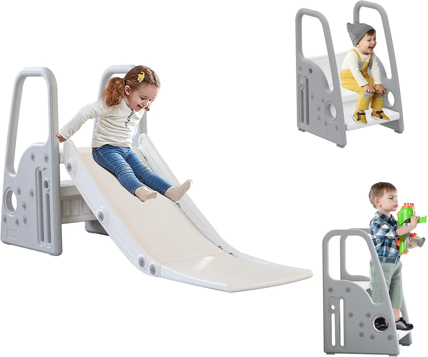 3 in 1 Toddler Large Play Climber Slide PlaySet with Extra Long Slipping Slope Indoor Slide Kids Slide Toddler Playground Toddler Slide Outdoor Toys for Toddlers (Gray)