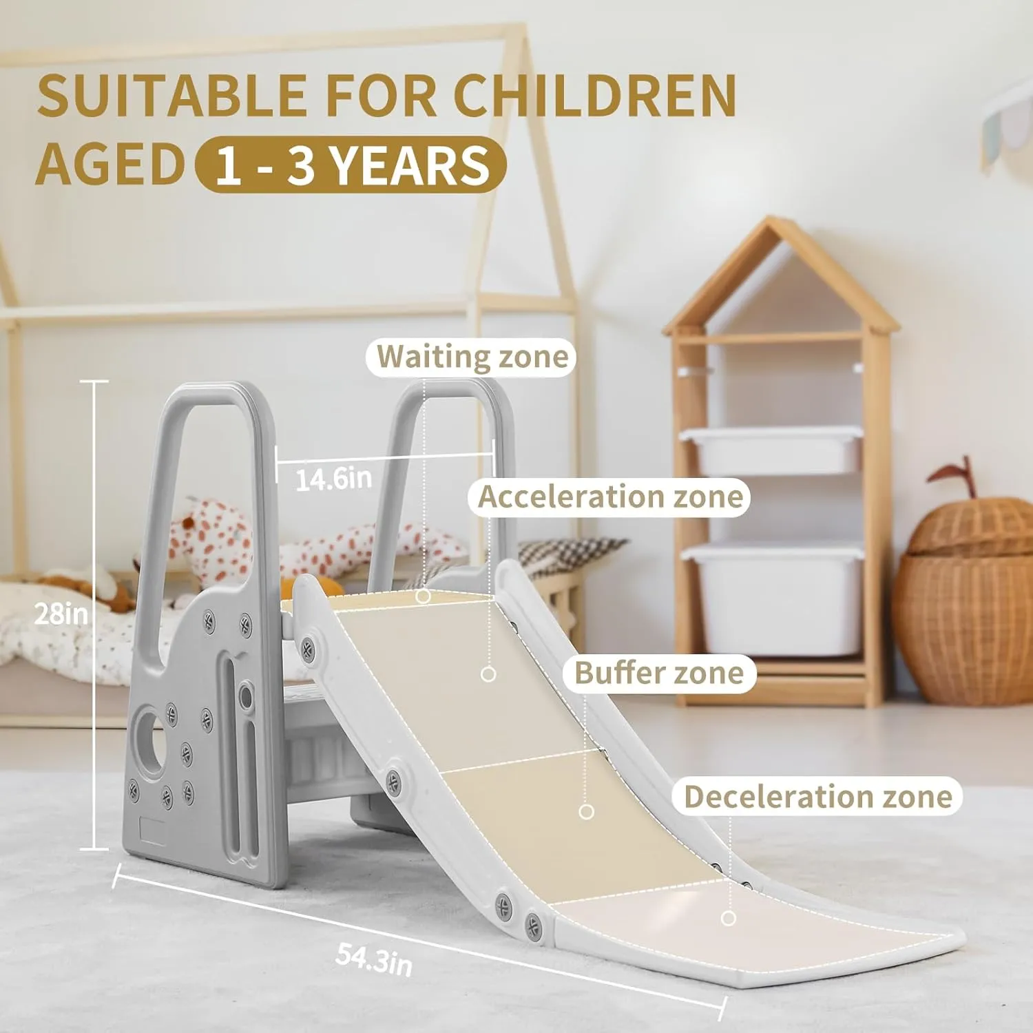 3 in 1 Toddler Large Play Climber Slide PlaySet with Extra Long Slipping Slope Indoor Slide Kids Slide Toddler Playground Toddler Slide Outdoor Toys for Toddlers (Gray)