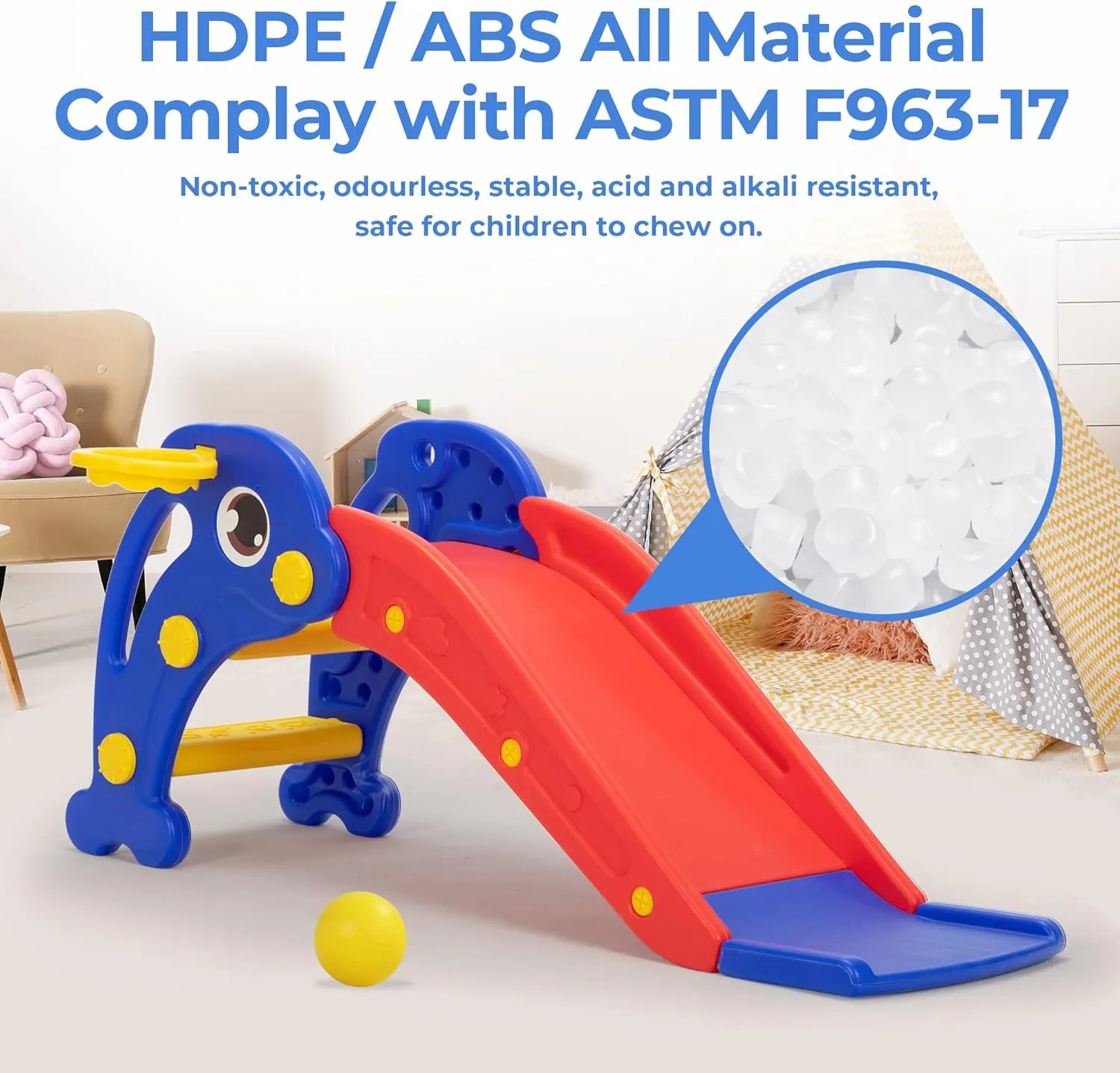 3 in 1 Toddler Slide, Baby Slide Plastic Climber Playset with Basketball Hoop and Ball, Indoor and Outdoor Playground for Kids Red