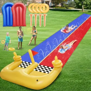 30FT Lawn Water Slide and 2 Inflatable Boards 4 Ring Toss, Extra Long Double Lawn Splash Mat Pad with Sprinkler for Kids Adults Backyard Summer Water Toy Outdoor Fun Carnival Game