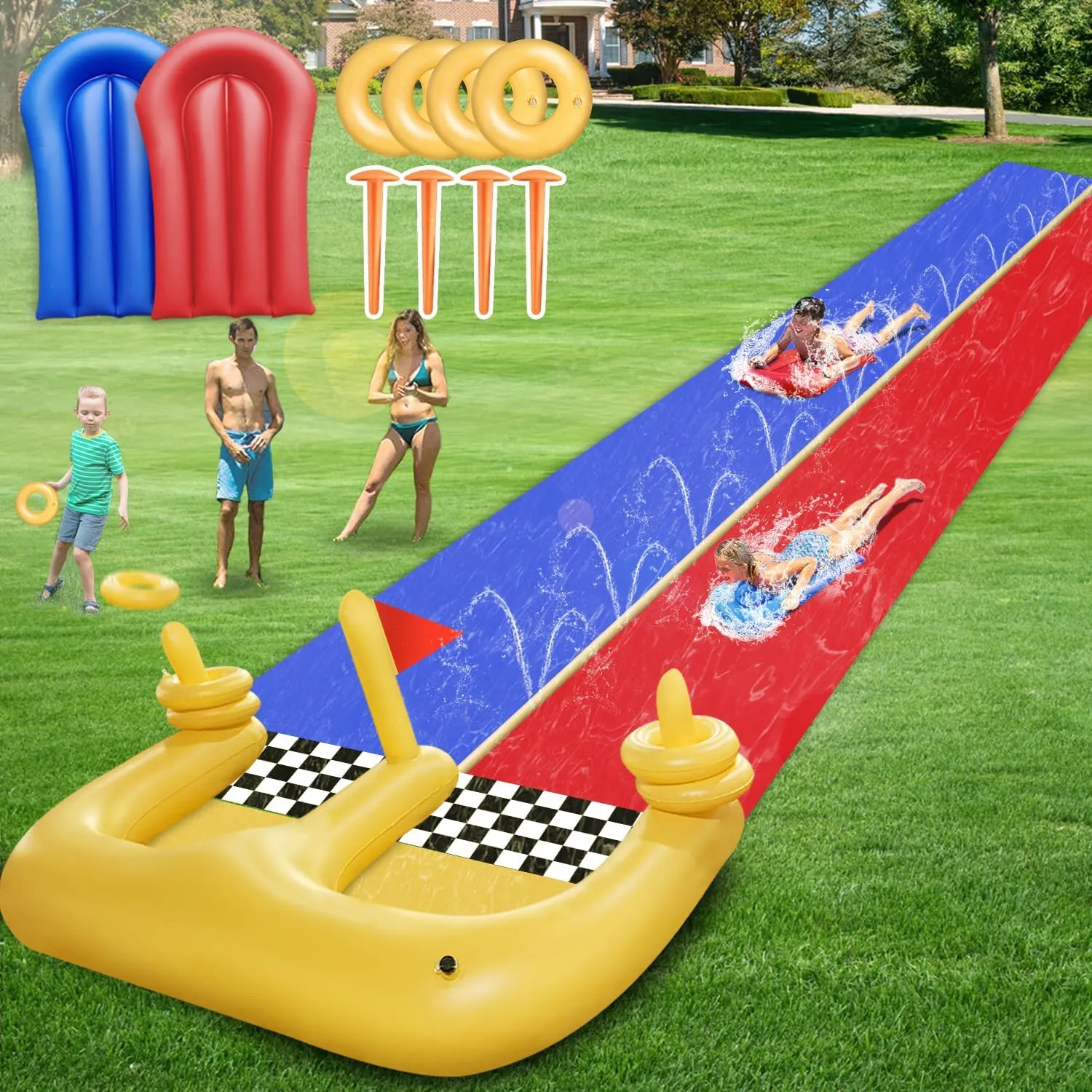 30FT Lawn Water Slide and 2 Inflatable Boards 4 Ring Toss, Extra Long Double Lawn Splash Mat Pad with Sprinkler for Kids Adults Backyard Summer Water Toy Outdoor Fun Carnival Game