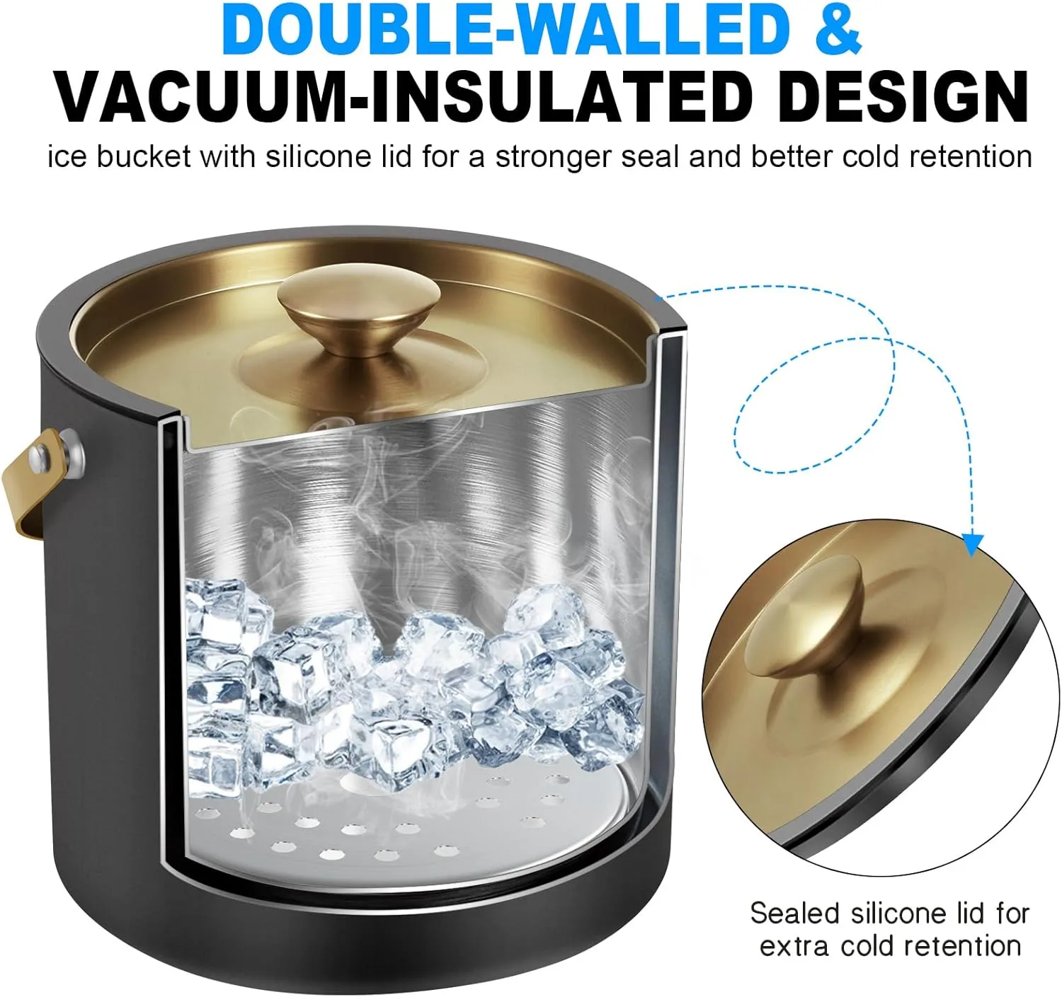 3.2L/3.4QT Modern Insulated Ice Bucket with Silicone Lid, Scoop, Strainer, Double Wall Stainless Steel Ice Bucket for Parties & Cocktail Bar,Ideal for Gift(Black)