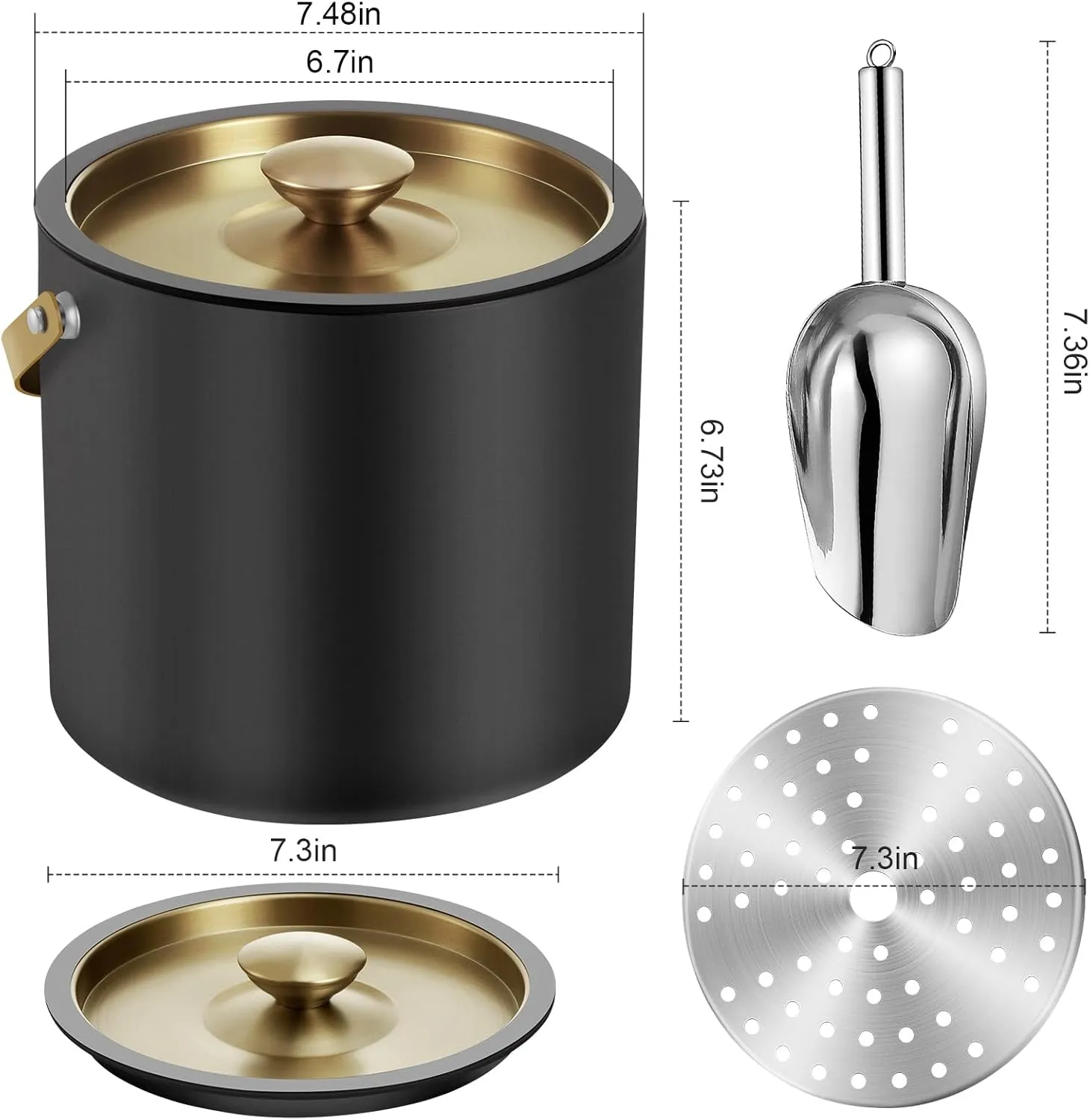 3.2L/3.4QT Modern Insulated Ice Bucket with Silicone Lid, Scoop, Strainer, Double Wall Stainless Steel Ice Bucket for Parties & Cocktail Bar,Ideal for Gift(Black)