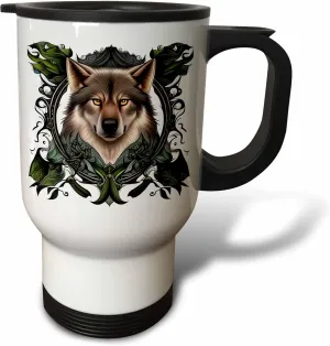 3dRose A Timber Wolf Surrounded By Ladys Slipper Minnesota State Tattoo... - Travel Mugs (tm-384704-1)