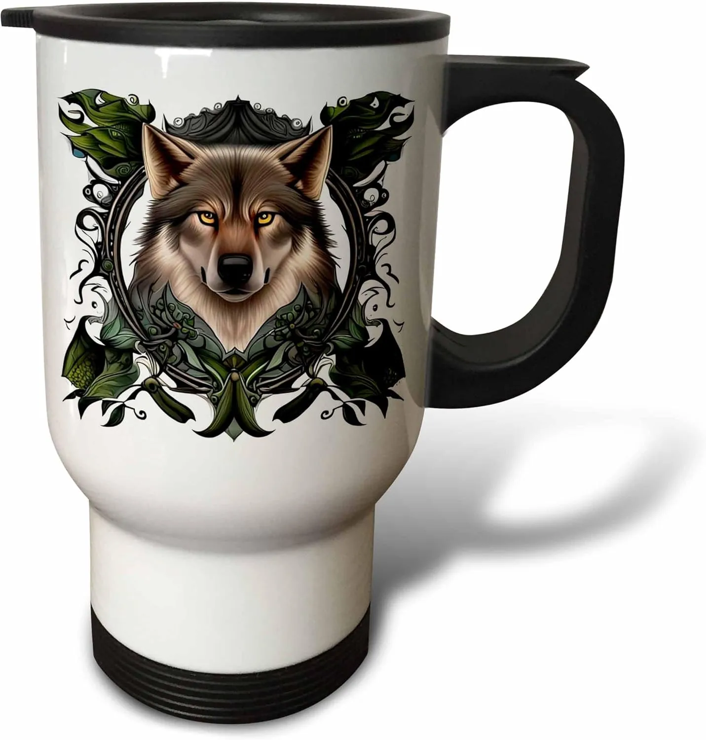 3dRose A Timber Wolf Surrounded By Ladys Slipper Minnesota State Tattoo... - Travel Mugs (tm-384704-1)