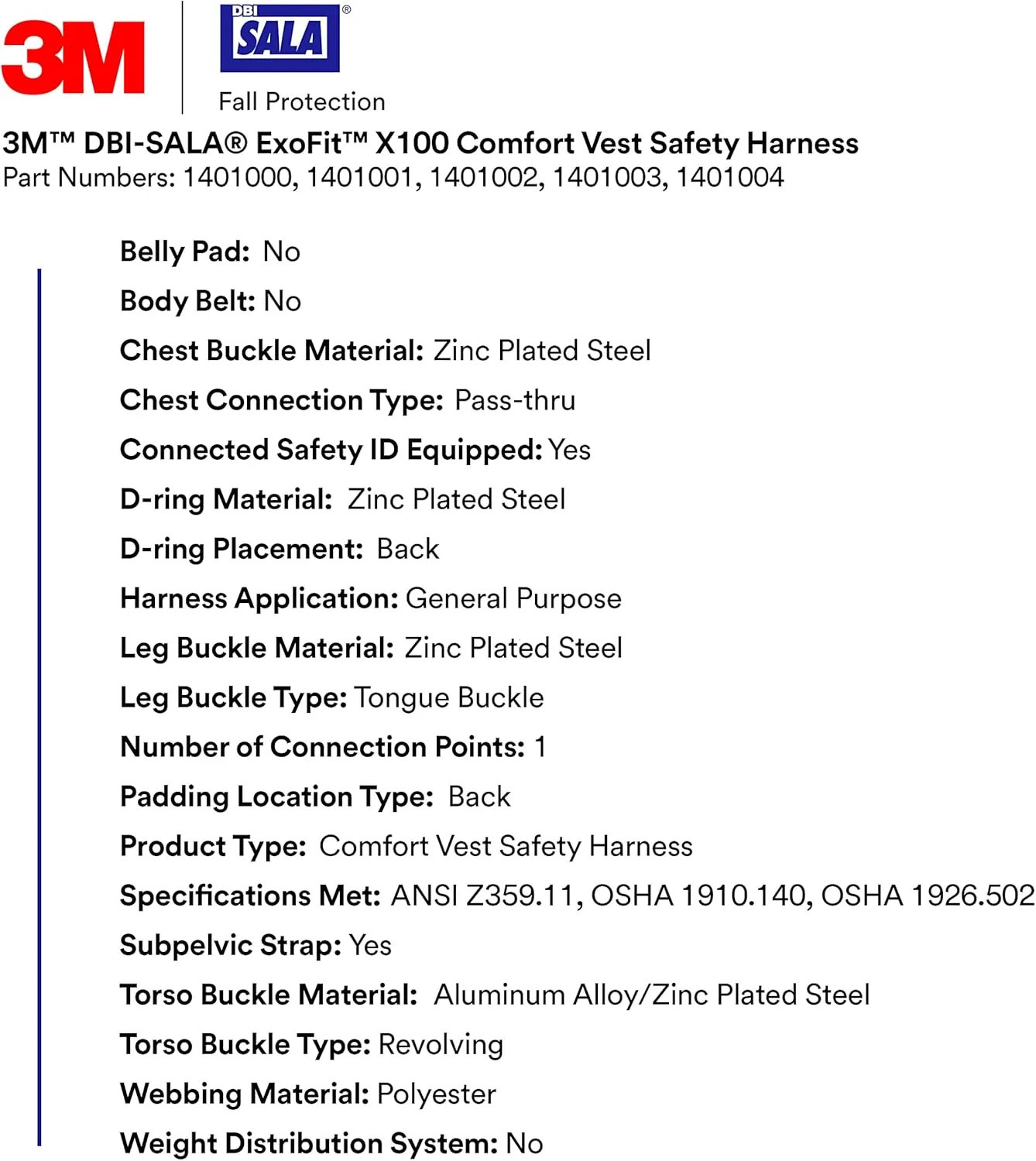 3M DBI-SALA ExoFit X100 Comfort Vest Safety Harness Fall Protection, OSHA, ANSI, General Purpose, 1 D-Ring, Tongue Buckle Leg Strap, Pass-through Chest Buckle, Zinc Plated Steel, 1401001, Medium
