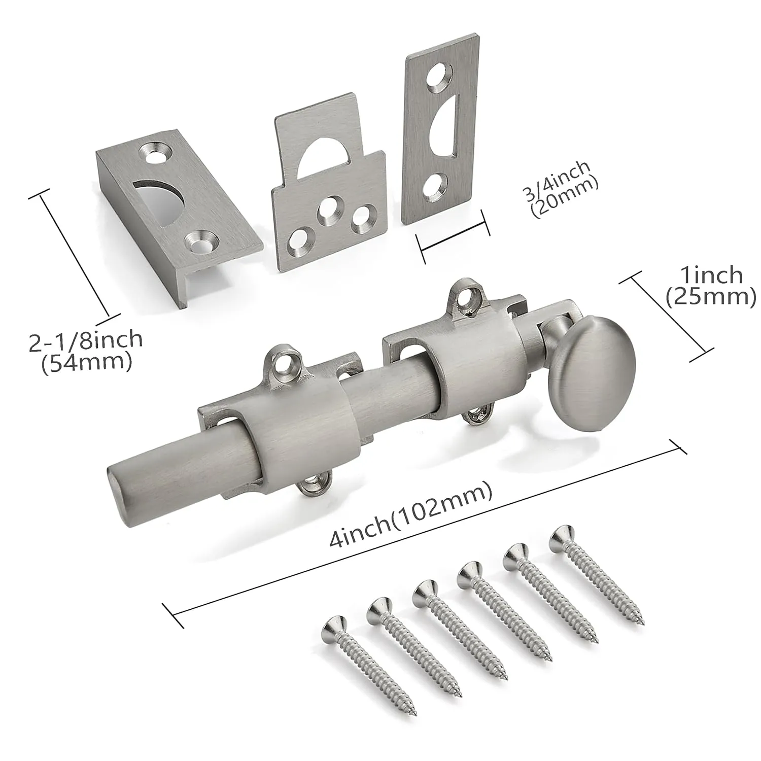 4 inches 2 Pack, Brushed Satin Nickel Dutch Solid Brass Door Surface Slide Latches & Surface Slide Bolts, Decorative Surface Slide Bolts for Windows and Doors