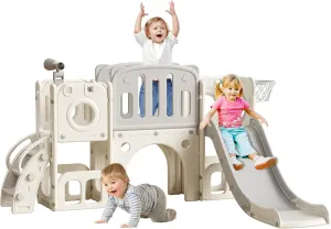 8 in 1 Toddler Slide - Indoor/Outdoor Playset with Ball & Hoop, Non-Slip Steps, Storage Space (White)
