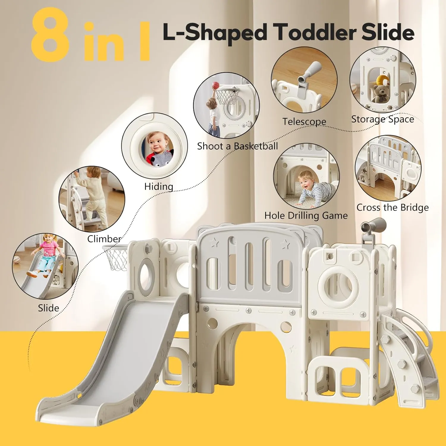 8 in 1 Toddler Slide - Indoor/Outdoor Playset with Ball & Hoop, Non-Slip Steps, Storage Space (White)
