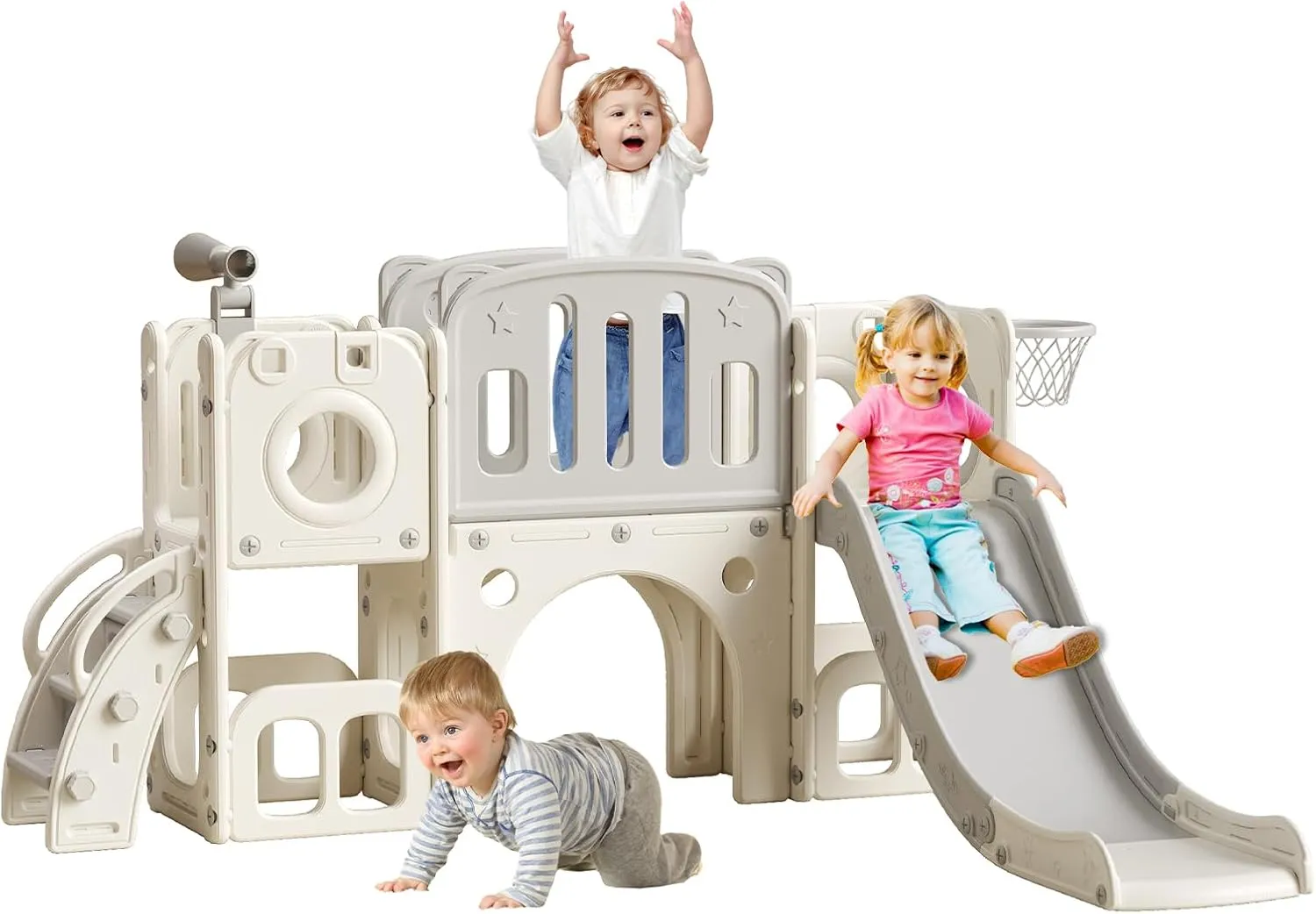 8 in 1 Toddler Slide - Indoor/Outdoor Playset with Ball & Hoop, Non-Slip Steps, Storage Space (White)