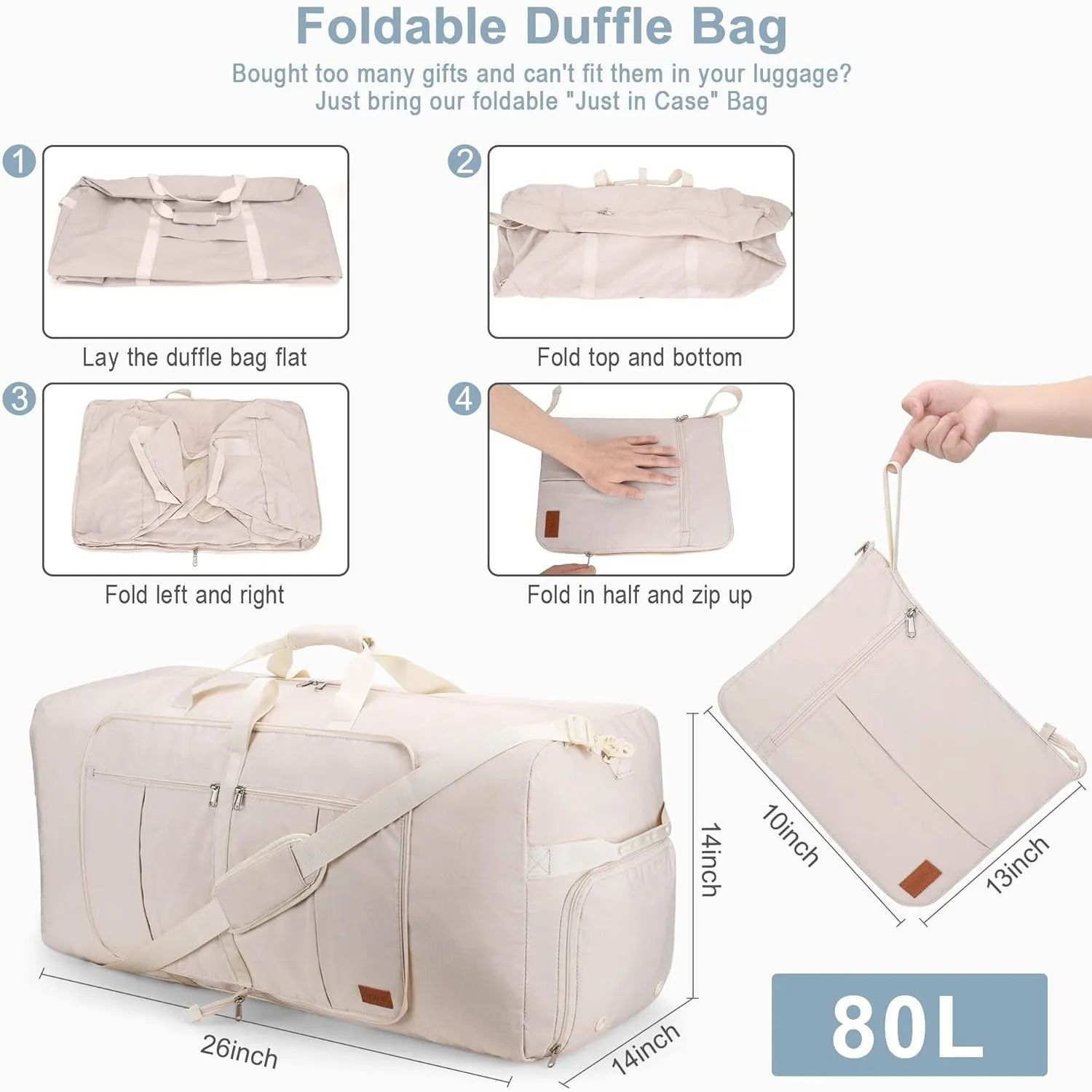 80L Large Duffle Bag for Travel, 26' Travel Duffel with Shoe Compartment, Foldable Collapsible Overnight Gym Weekender Bag for Men Women, Waterproof & Tear Resistant (Beige, 80L)
