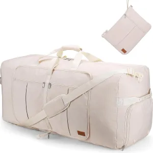 80L Large Duffle Bag for Travel, 26' Travel Duffel with Shoe Compartment, Foldable Collapsible Overnight Gym Weekender Bag for Men Women, Waterproof & Tear Resistant (Beige, 80L)