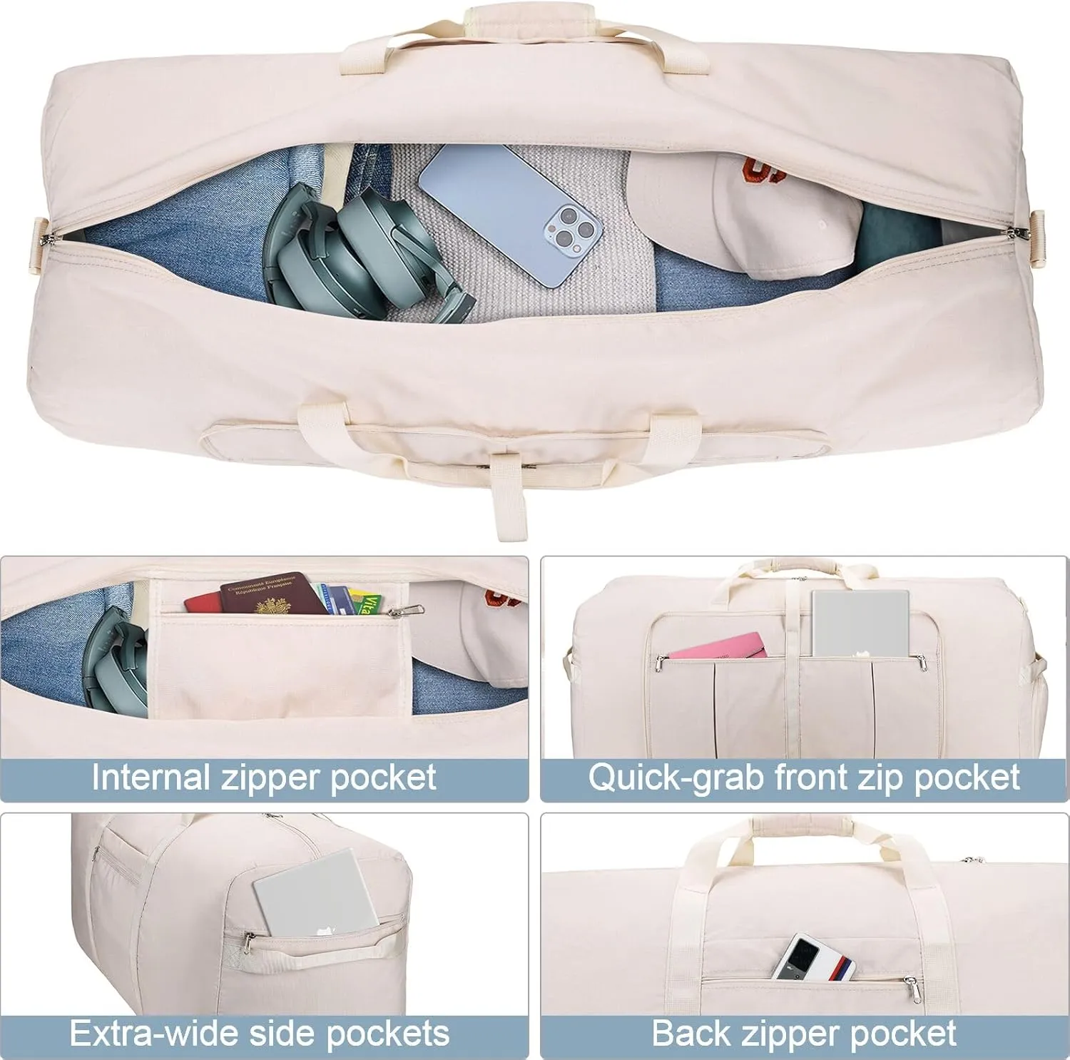 80L Large Duffle Bag for Travel, 26' Travel Duffel with Shoe Compartment, Foldable Collapsible Overnight Gym Weekender Bag for Men Women, Waterproof & Tear Resistant (Beige, 80L)