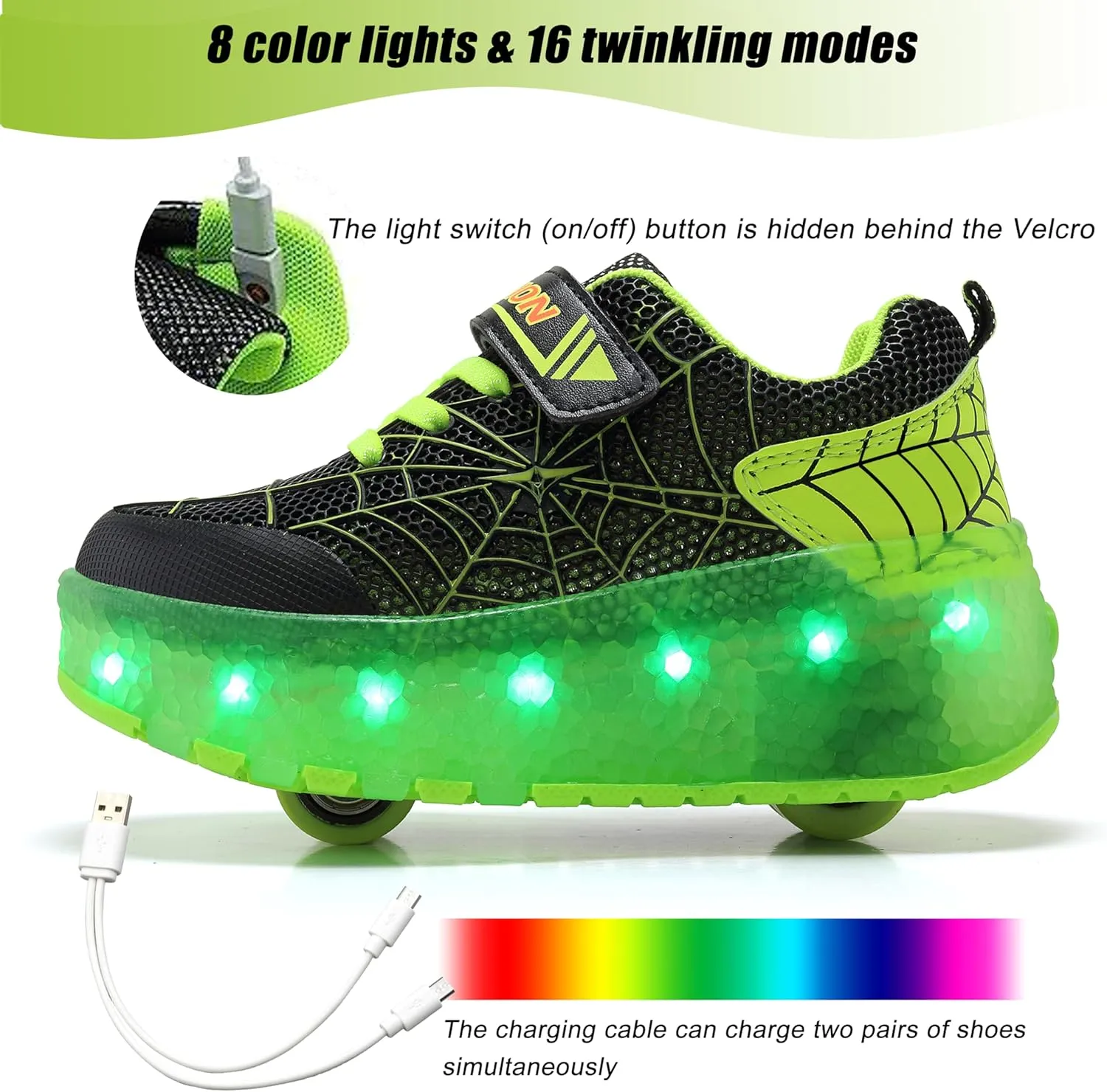 Aikuass USB Chargable LED Light Up Roller Shoes Wheeled Skate Sneaker Shoes for Boys Girls Kids