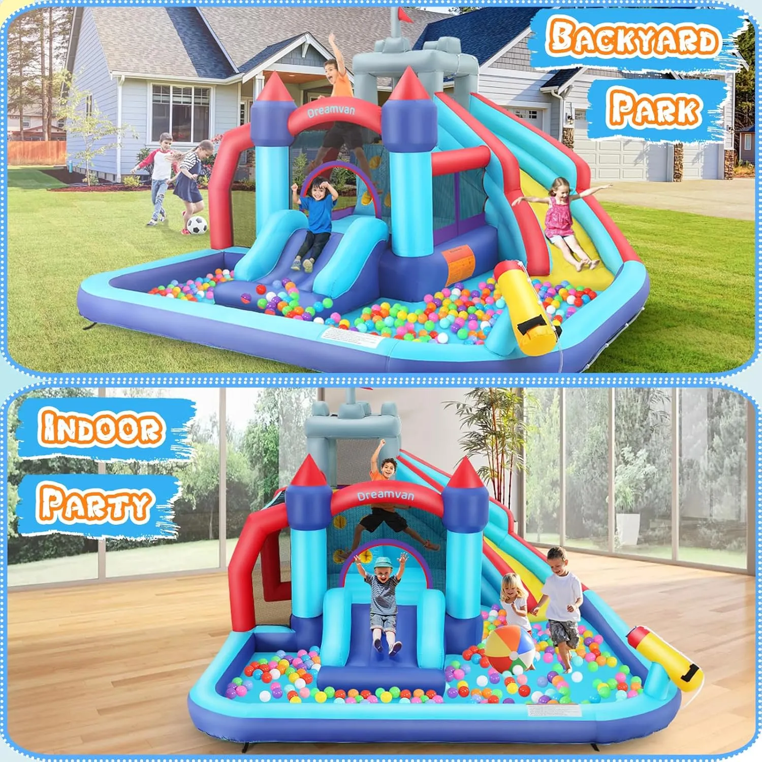 AKEYDIY Inflatable Water Slide Bounce House for Kids,10-in-1 Double Slides Water Park with Ball Shooting, Climbing Wall, Jumping and Splash Pool, Bouncy Castle with 580W Blower for Outdoor Backyard