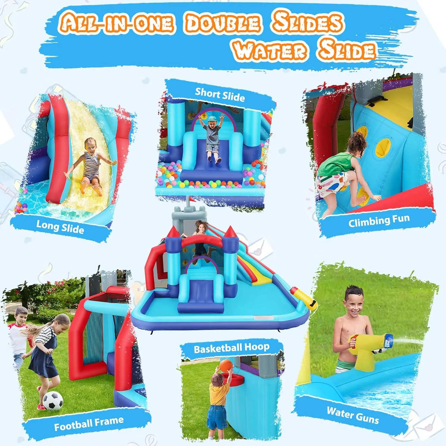 AKEYDIY Inflatable Water Slide Bounce House for Kids,10-in-1 Double Slides Water Park with Ball Shooting, Climbing Wall, Jumping and Splash Pool, Bouncy Castle with 580W Blower for Outdoor Backyard