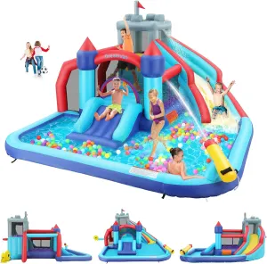 AKEYDIY Inflatable Water Slide Bounce House for Kids,10-in-1 Double Slides Water Park with Ball Shooting, Climbing Wall, Jumping and Splash Pool, Bouncy Castle with 580W Blower for Outdoor Backyard