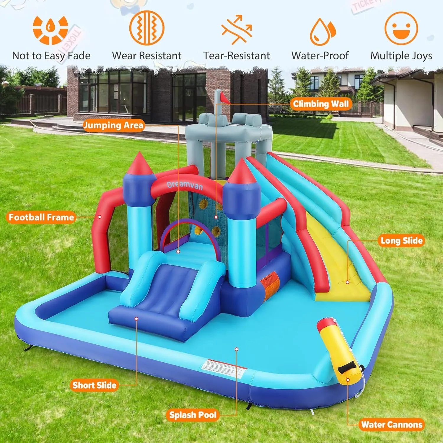 AKEYDIY Inflatable Water Slide Bounce House for Kids,10-in-1 Double Slides Water Park with Ball Shooting, Climbing Wall, Jumping and Splash Pool, Bouncy Castle with 580W Blower for Outdoor Backyard