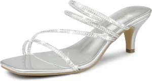Allegra K Women's Rhinestone Strappy Kitten Heel Slide Heels Sandals