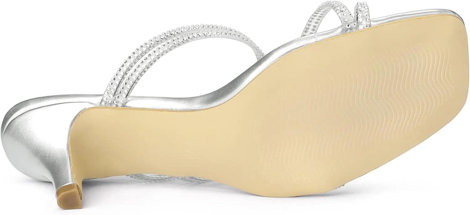 Allegra K Women's Rhinestone Strappy Kitten Heel Slide Heels Sandals