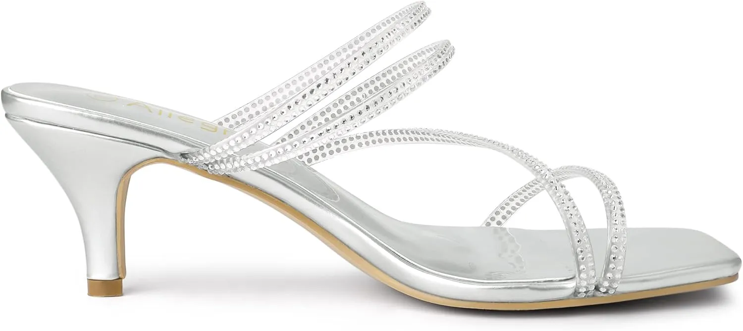 Allegra K Women's Rhinestone Strappy Kitten Heel Slide Heels Sandals