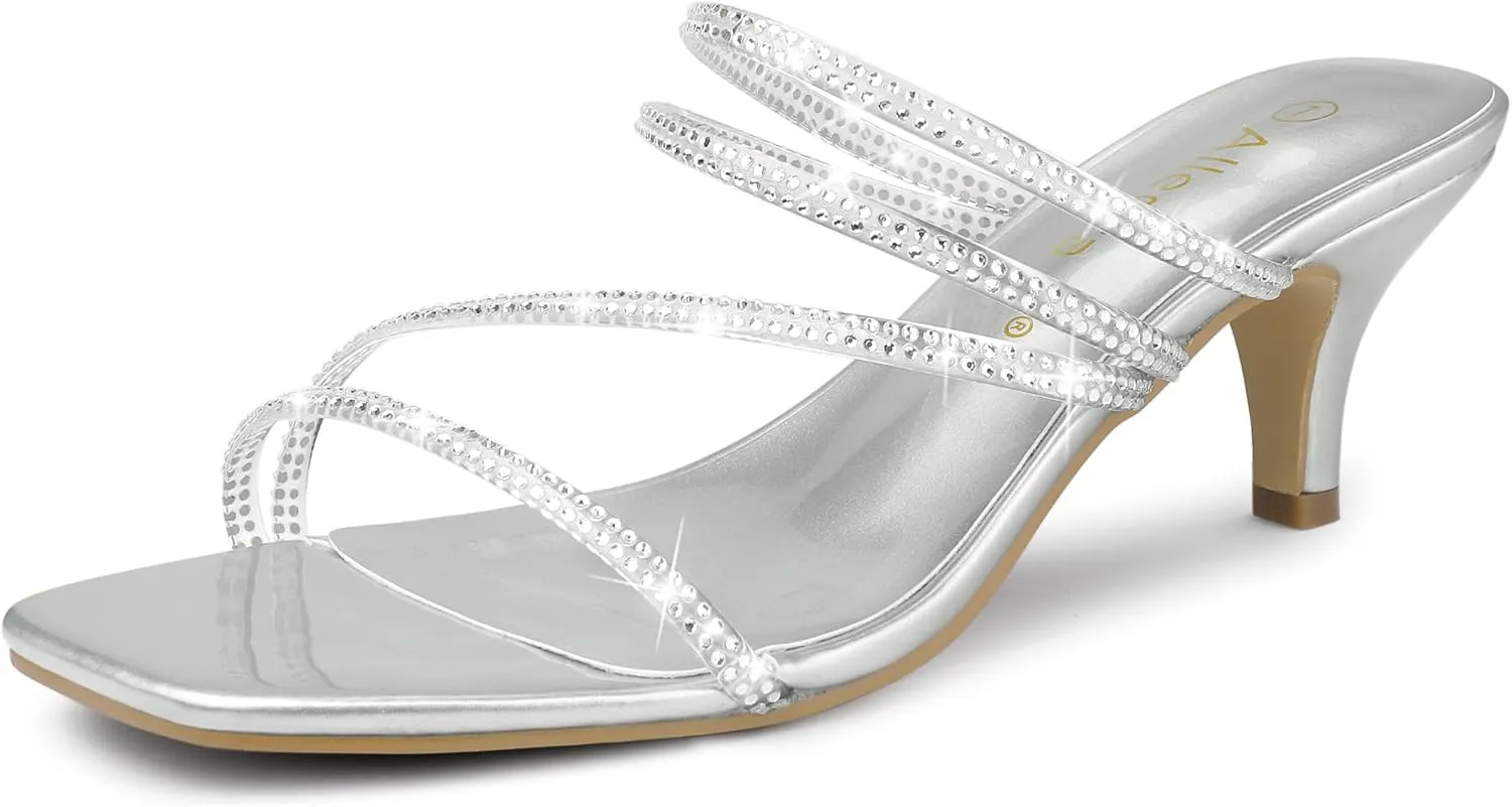 Allegra K Women's Rhinestone Strappy Kitten Heel Slide Heels Sandals