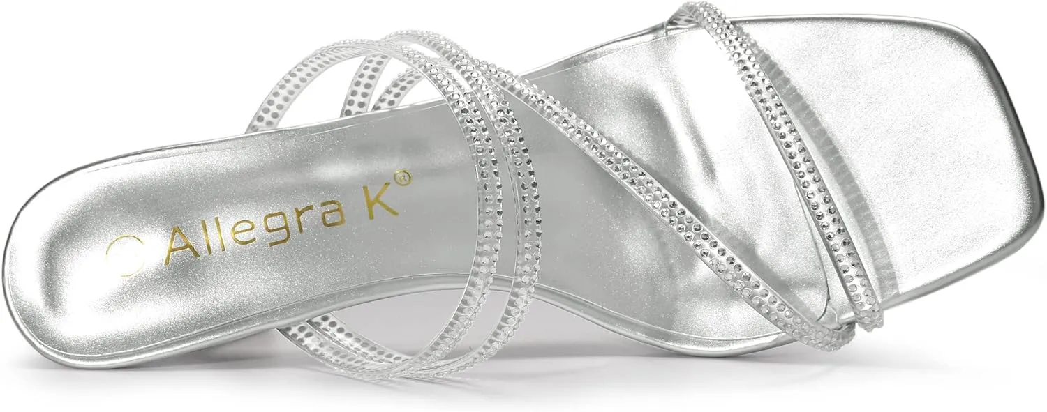 Allegra K Women's Rhinestone Strappy Kitten Heel Slide Heels Sandals
