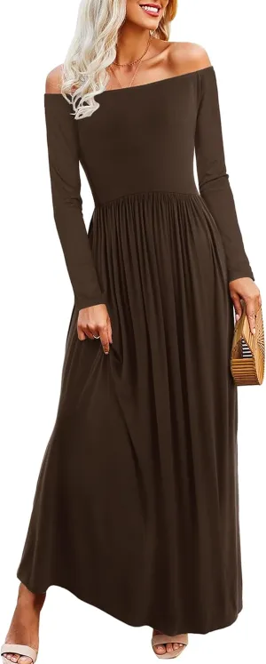 Amoretu Dresses for Women Long Sleeve Off Shoulder Maxi Flowy Casual Loose Plain Dress with Pockets
