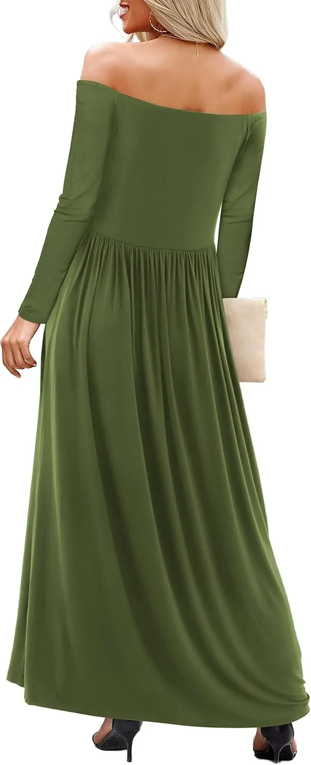 Amoretu Dresses for Women Long Sleeve Off Shoulder Maxi Flowy Casual Loose Plain Dress with Pockets