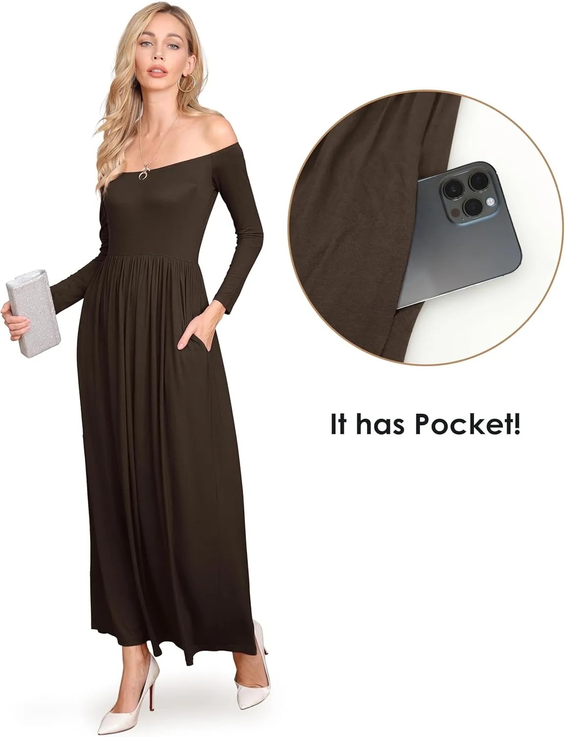 Amoretu Dresses for Women Long Sleeve Off Shoulder Maxi Flowy Casual Loose Plain Dress with Pockets