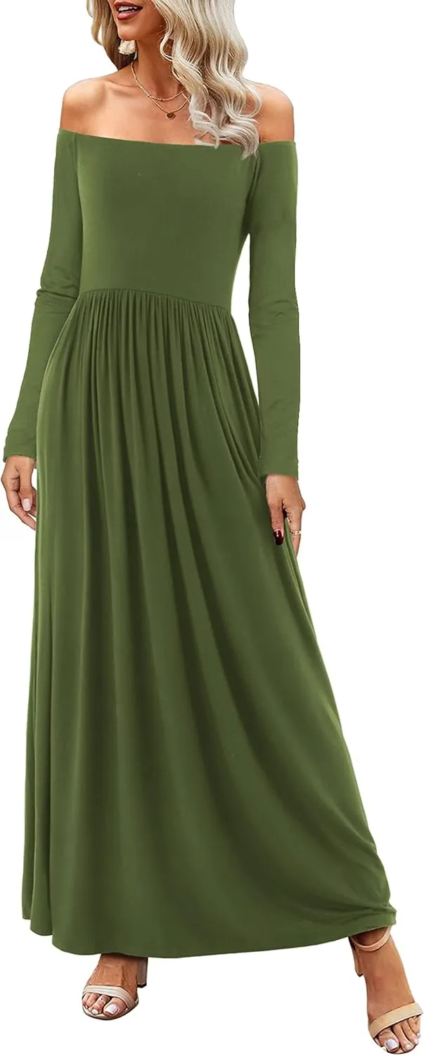Amoretu Dresses for Women Long Sleeve Off Shoulder Maxi Flowy Casual Loose Plain Dress with Pockets