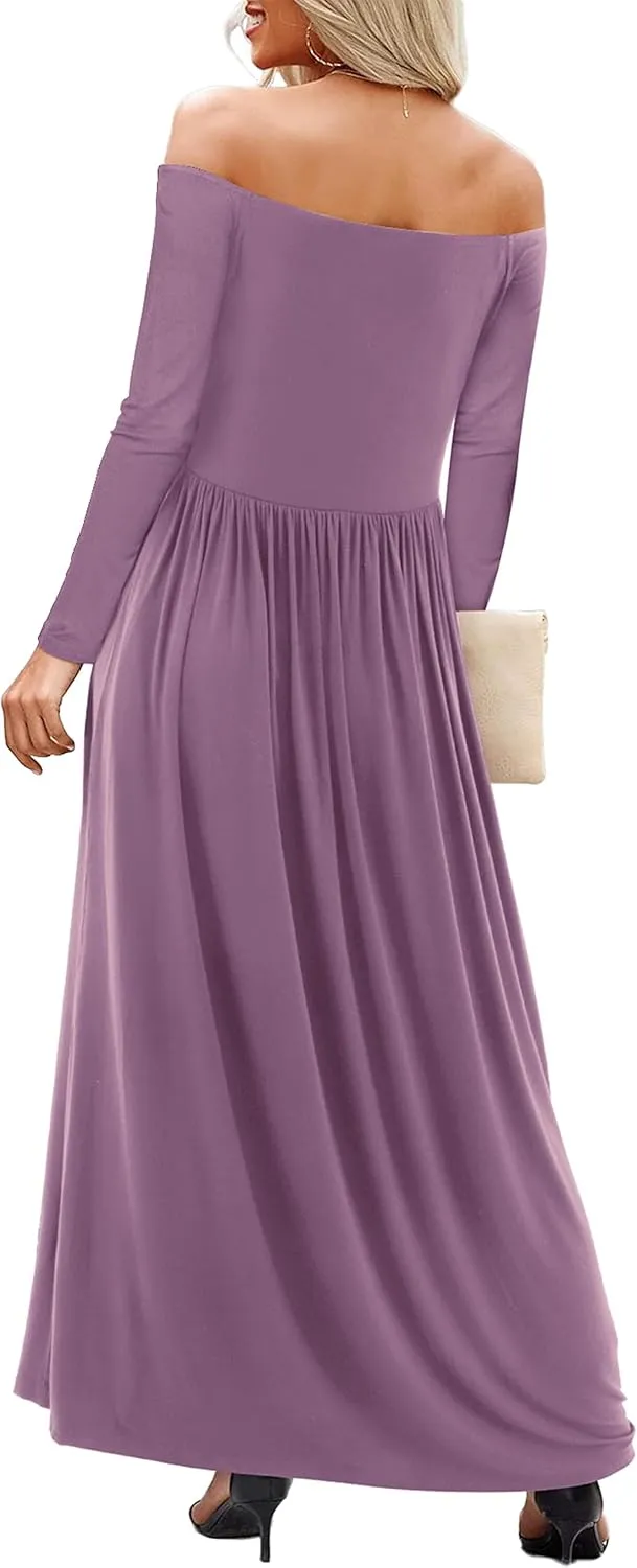 Amoretu Dresses for Women Long Sleeve Off Shoulder Maxi Flowy Casual Loose Plain Dress with Pockets