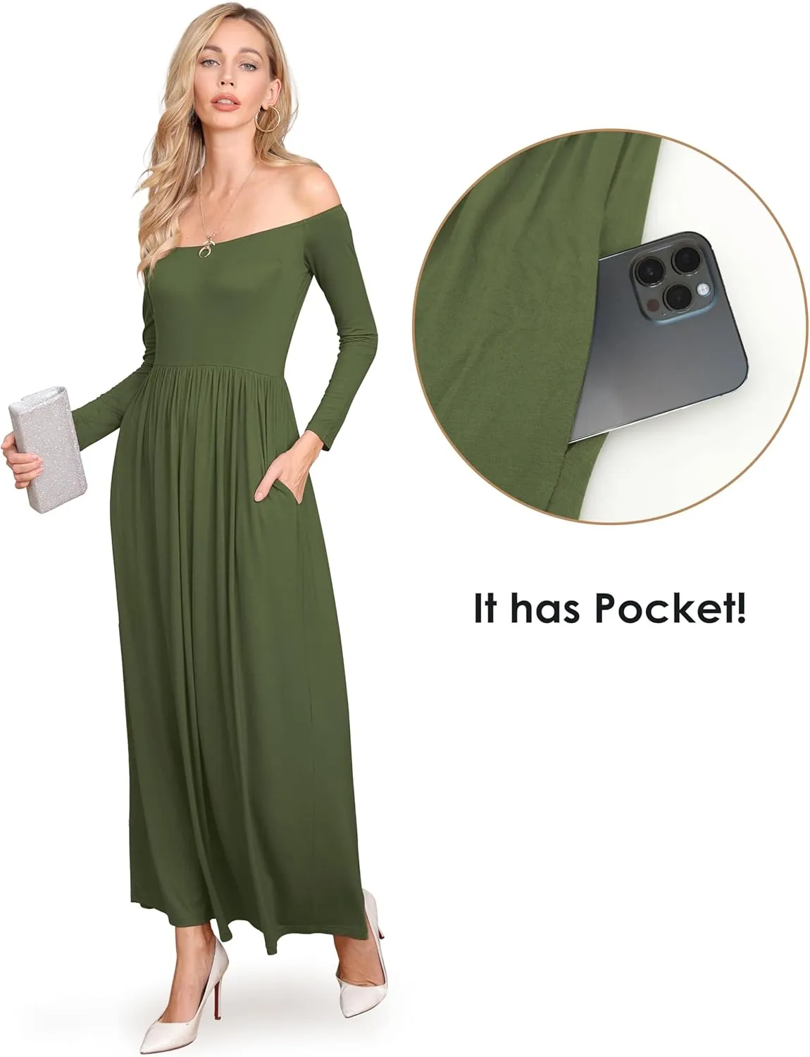 Amoretu Dresses for Women Long Sleeve Off Shoulder Maxi Flowy Casual Loose Plain Dress with Pockets