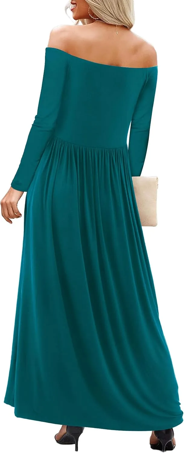 Amoretu Dresses for Women Long Sleeve Off Shoulder Maxi Flowy Casual Loose Plain Dress with Pockets