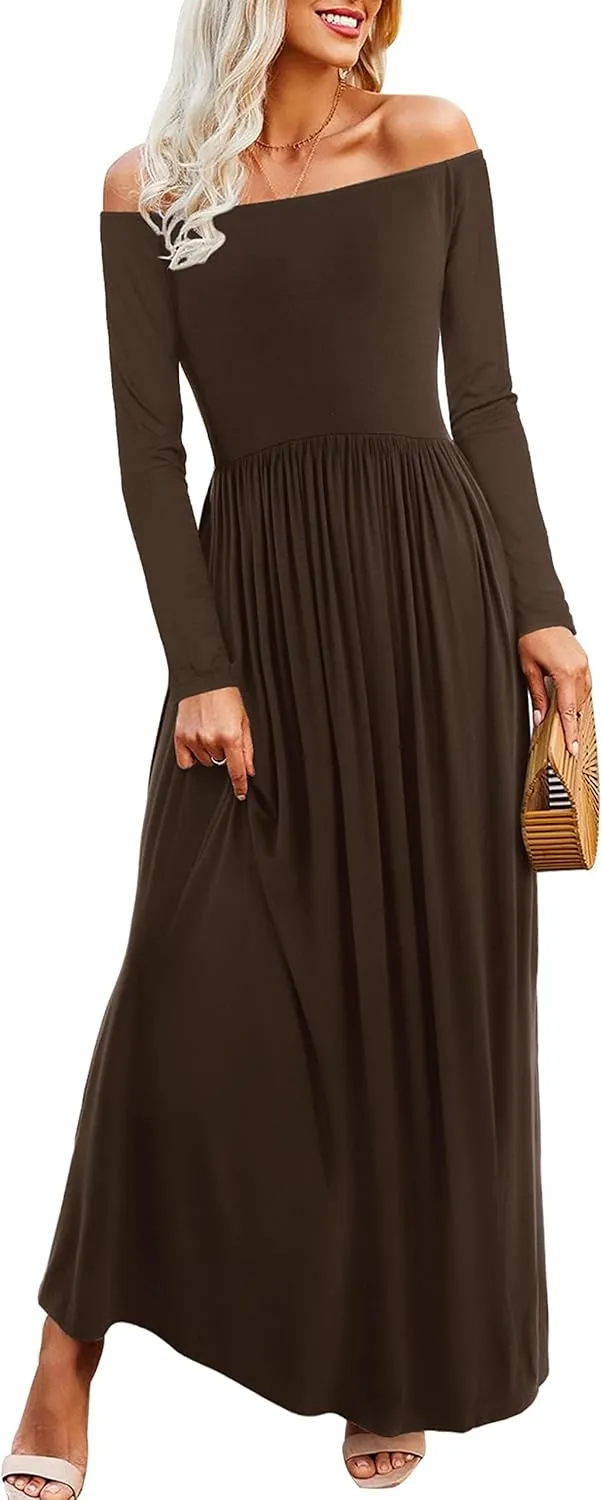 Amoretu Dresses for Women Long Sleeve Off Shoulder Maxi Flowy Casual Loose Plain Dress with Pockets