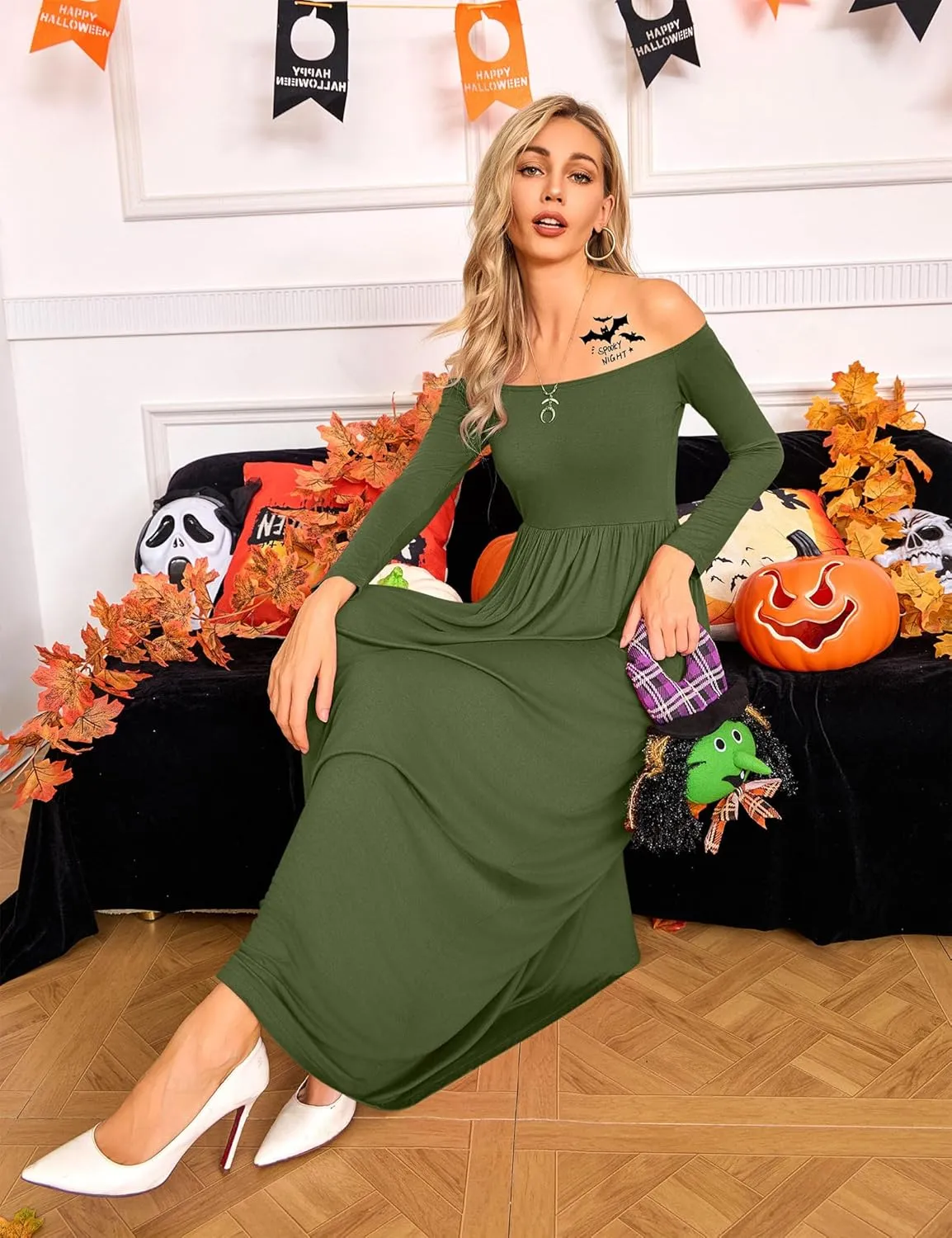 Amoretu Dresses for Women Long Sleeve Off Shoulder Maxi Flowy Casual Loose Plain Dress with Pockets