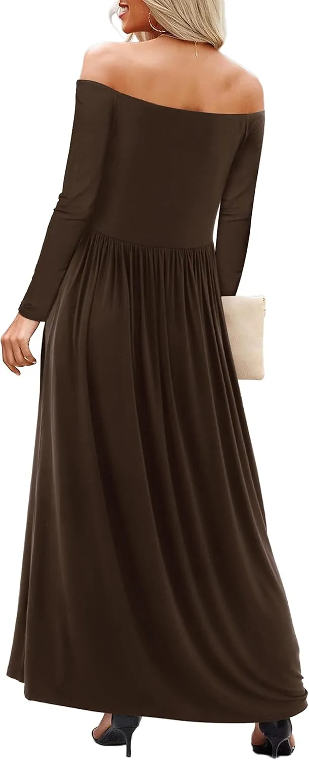 Amoretu Dresses for Women Long Sleeve Off Shoulder Maxi Flowy Casual Loose Plain Dress with Pockets