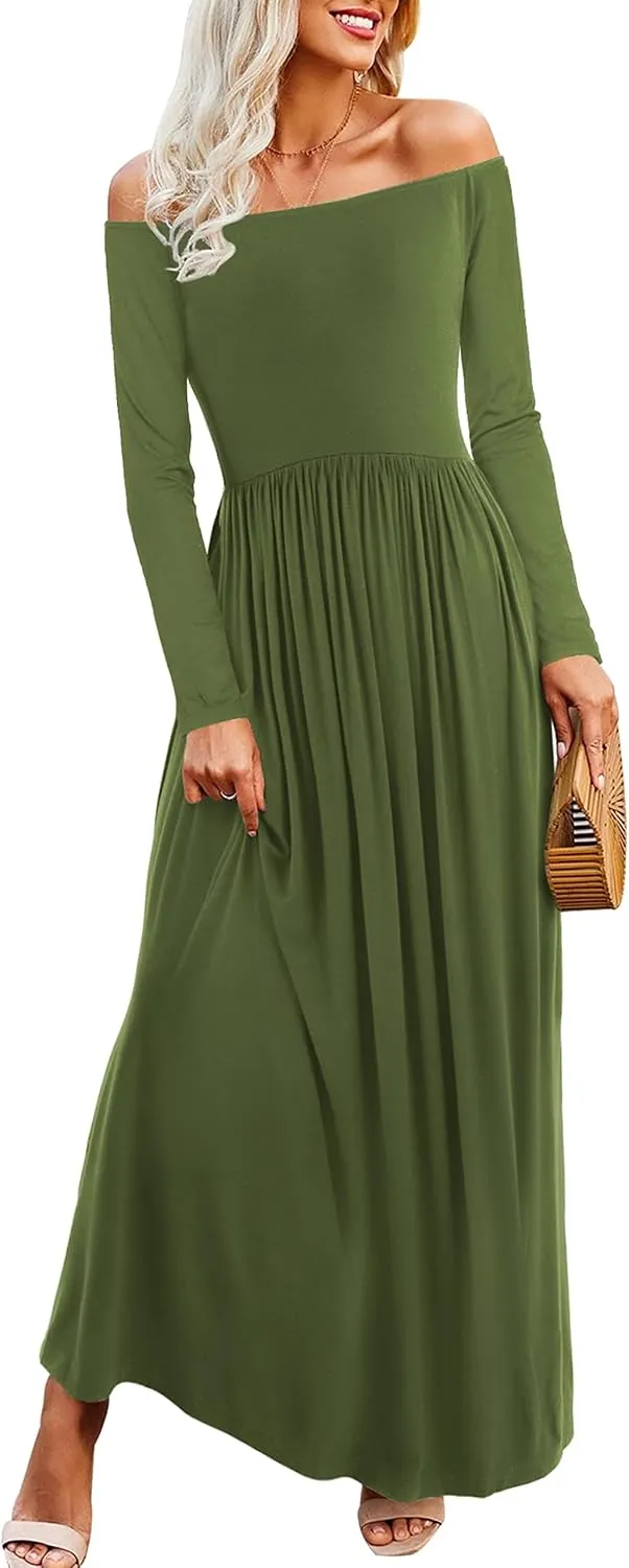 Amoretu Dresses for Women Long Sleeve Off Shoulder Maxi Flowy Casual Loose Plain Dress with Pockets