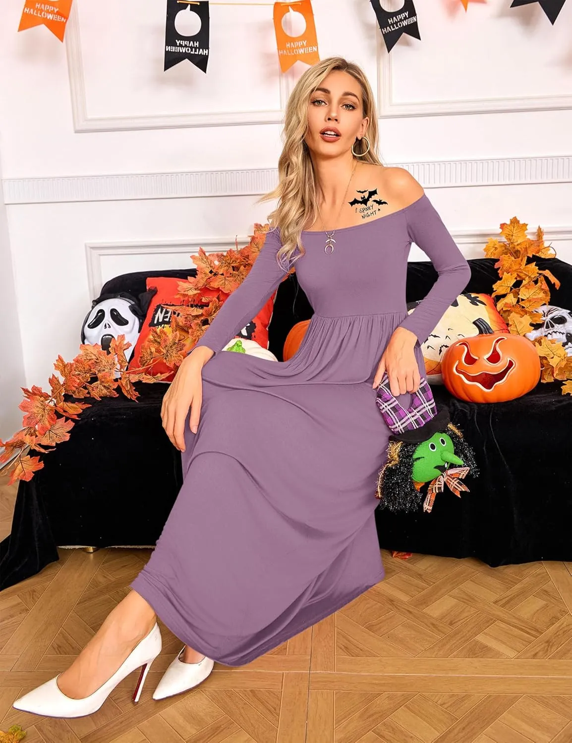 Amoretu Dresses for Women Long Sleeve Off Shoulder Maxi Flowy Casual Loose Plain Dress with Pockets